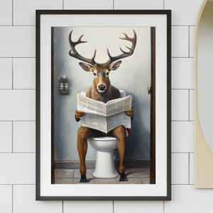 Buck Reh in Toilette druckbare Wand Kunst, Hirsch lesen Papier Druck, Gästebad Kinder Deko, Jagd, Jäger, Blockhaus Poster, einzigartig #X737
