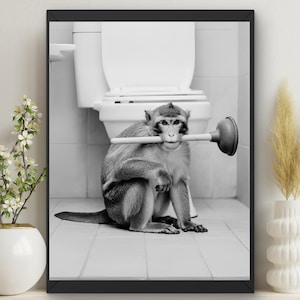 Monkey Bathroom Wall Art | Ape with Plunger | Guest Bath Kids Décor, Potty Chaos, housewarming gift, Plumber Plumbing Unique, Quirky #X230
