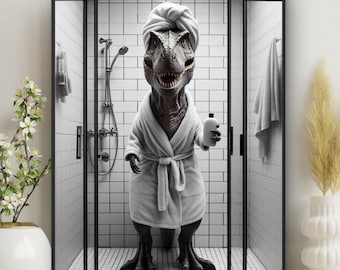 Dinosaur T-Rex Bathroom Wall Art,  Dino in Bathrobe taking shower print, Guest Bath Kids Decor, playroom nursery, housewarming gift #X561
