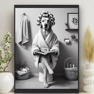 Golden Retriever Dog in Bathroom Wall Art, Dog on Toilet Reading Book, Bathrobe, Hair Rollers, Décor Funny Toilet Humor, dog lovers #X299