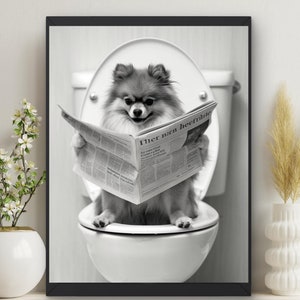 Pomeranian Dog in Toilet Bathroom Wall Art, Pomeranian Reading Paper, Dog lovers Bathroom Print Funny Toilet Humor housewarming gift #X580