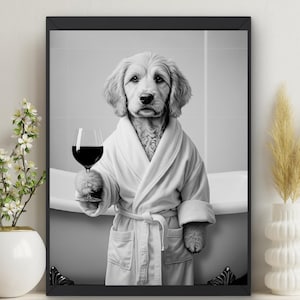 コッカープー犬のバスルームウォールアート、ワインを飲む犬、アルコールプリント、バスローブを着た犬のポスター、バーカートの装飾、コッカースパニエルとプードルの愛好家向け #AL70