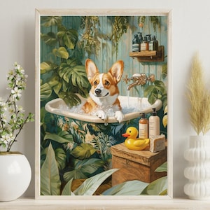 Wydruk na ścianę z psem rasy walijskiej corgi w wannie | Zdjęcie psa rasy corgi w kąpieli | Wydruk artystyczny z psem w łazience | Nowoczesny wystrój botaniczny #BR42
