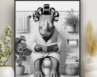 Art mural de salle de bain Rhinocéros, impression de livre de lecture de rhinocéros sur les toilettes, impression de salle de bain, impression d'animal drôle, affiche pour enfants de bain d'invité, unique # X758