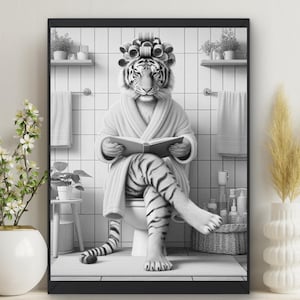 May include: A black and white photo of a tiger wearing a bathrobe and curlers, sitting on a toilet and reading a book.