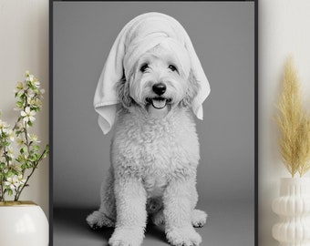 Sheepadoodle dog print, bathroom wall art, kids bathroom, poodle old english sheepdog lovers gift dog in headwrap, housewarming #C25