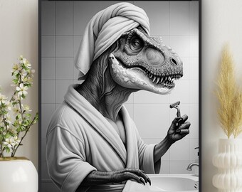 Dinosaur T-Rex Print, Bathroom Wall Art, Dino grooming Wall Art, Bathroom Print Bathroom Décor, Dinosaur lovers gift #C106