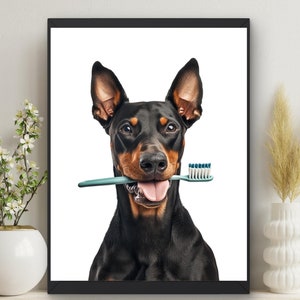 Dobermann Pinscher Hund Badezimmer Wand Kunst | Zähneputzen |  Hunde Drucke Badezimmer Illustration, Hund hält Zahnbürste #X573