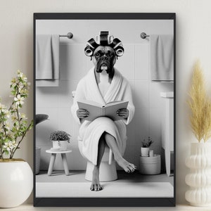 Boxer Dog in Bathroom Wall Art, Boxer on Toilet Reading Book, Bathrobe, Hair Rollers, Bathroom Decor, Funny Toilet Humor #C03