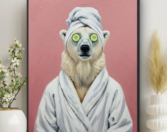 Polar Bear Wall Art: Funny Bathroom Print, Artic Animal in Bathrobe, Bathroom Wall Art, Funny animal print (Digital Download) #X381