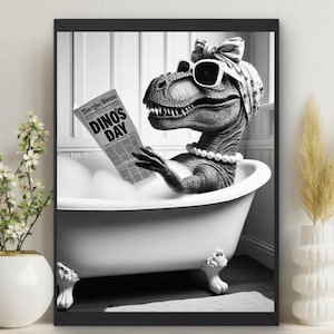 Prissy Dinosaur T-rex in Bathtub Wall Art,Dino Taking a Bath in Tub Bathroom Art Print,   Gift for Dinosaur Lovers, Kids Bathroom art #BR59