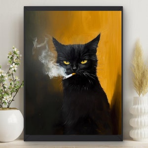 黒猫の絵画、タバコを吸う猫、猫の壁アート、猫好きのプリント、猫の肖像画、ユニークなギフト、黒子猫の絵画、#P121