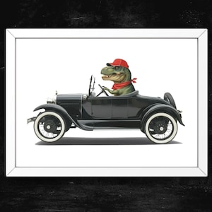 恐竜T-REXがモデルTカーを運転するウォールアート、ティラノサウルス・レックスのポスター、プレイルーム、保育園のプリント、男の子の寝室の装飾、新築祝いのギフト#H432