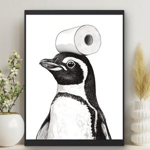 bathroom art, Penguin, toilet paper on head, bathroom kids art, bathroom wall decor, animal art, toilet humor, penguin lovers gift #X515