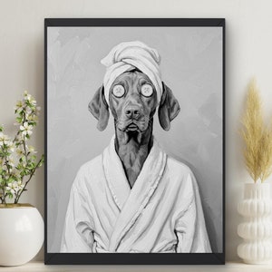 bathroom spa art, Vizsla dog, décor wall art, kids art, Vizsla lovers gift bathrobe headwrap and cucumber slices on eyes décor #X553