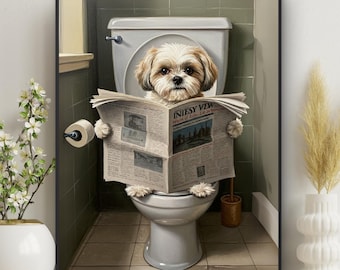 May include: A white and brown Shih Tzu dog sits on a white toilet seat in a bathroom, reading a newspaper titled "Iniesy View". The dog is wearing a white collar and has a black nose.