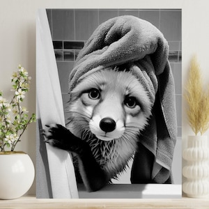 Fox Bathroom Wall Art | Red Fox Peeking out of  Shower Curtain | Fox Print Funny wall art, bathroom humor, housewarming gift #X784