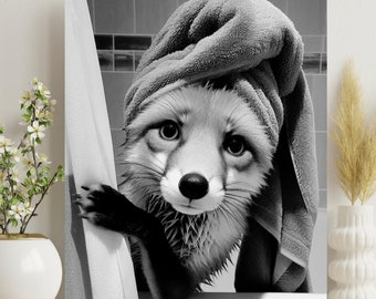 Fox Bathroom Wall Art, Red Fox Peeking out of  Shower Curtain Bathroom Print, Funny animal art, bathroom humor, housewarming gift #X784