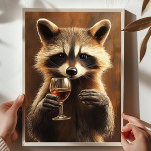 アライグマのキッチンウォールアート、ワインを飲むアライグマのプリント、アルコールバーカートの装飾、新築祝いのギフト、森の動物のポスター、ユニークな#H135