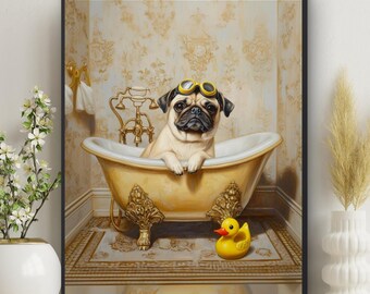 May include: Framed artwork featuring a pug wearing goggles in a vintage bathtub. The pug is beige with a black face, and the tub is gold with ornate detailing. A yellow rubber duck sits on the floor, adding a playful touch to the bathroom scene.