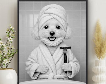 Poochon Dog Shaving Print: Whimsical Bathroom Wall Art, guest bath kids decor, Poodle Bichon Frise, Bathroom Print (Digital Download) #X277