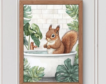 Squirrel in Tub Wall Art, Bathroom Print: Whimsical Kids Bath Decor, Bathroom Wall Art, squirrel print (Digital Download) #BR477