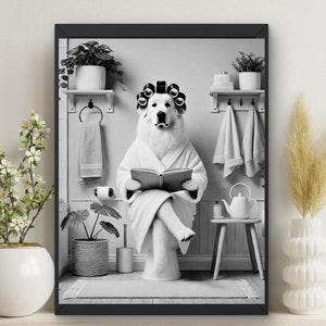 Decorazione murale con cane dei Pirenei in bagno, stampa con cane sul water che legge un libro, accappatoio, bigodini, poster decorativo per il bagno degli ospiti, regalo per bambini #X650
