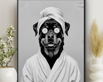 Rottweiler Dog Print, Bathroom Wall Art, Dog in bathrobe poster, Rottie Wall Art, Bathroom Print, funny animal print, housewarming #C30