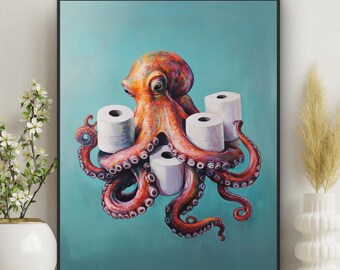 bathroom art, octopus, toilet paper on tentacles, kids bathroom wall decor, coastal beach house decor, ocean life theme, nautical print #X57