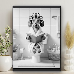 Dachshund Dog in Bathroom Wall Art, Weenie Dog on Toilet Reading Book, Bathrobe, Hair Rollers, Décor Funny Toilet Humor, dog lovers #X696