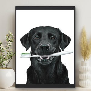 Schwarz Labrador Hund Badezimmer Wand Kunst | Zähneputzen | Labrador Retriever Kunstdruck Kinderzimmer mit Zahnbürste #C112