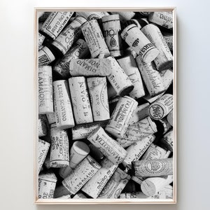 Elegancki wydruk ścienny z korka do wina, elegancki wystrój wózka barowego, czarno-biały, parapetówka, prezent dla miłośników wina, kolekcjoner korków, plakat z alkoholem #H521