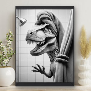 Dinosaur T-Rex Bathroom Wall Art | Dino Peeking out of  Shower Curtain | Bathroom Art Print Funny, bathroom humor, Dino lovers gift #X575