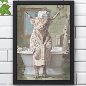 Highland Cow In Bathrobe Printable Wall Art | Cow Bath Time Robe  | Highland Cow in Bathroom Art Print | Spa Art Print in Neutral Hues #X396