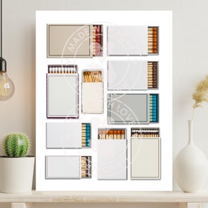 Puede incluir: Un conjunto de 10 cajas de cerillas con varios colores y diseños. Las cajas de cerillas están dispuestas en una cuadrícula sobre un fondo blanco. Las cajas de cerillas están todas vacías y tienen una etiqueta blanca en la parte delantera. Las cajas de cerillas están hechas de cartón y tienen una cerilla de madera en el interior.
