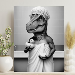 Dinosaur T-Rex Bathroom Wall Art | dino in towel with rubber duck and soap, T-Rex Art Print Kids Bathroom Décor, dinosaur lovers gift #X577