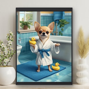 Chihuahua Dog in Bathtub Printable Wall Art | Tan Chihuahua Dog in Bathrobe | Rubber Duck décor | dog lovers gift Botanical Spa Print #X87