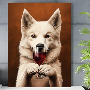 サモエド犬のウォールアート、ワインを飲む犬のプリント、アルコールバーカートの装飾、新築祝いのギフト、ミニマリストデザイン、ユニークなキッチンポスター #AL50