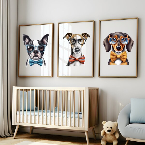 Nerdy Dogs in Glasses Nursery Decor, Wall Art Prints for Baby Boy's Nursery - Set of 3 - Playroom Decor Dachshund, Greyhound, Boston Terrier