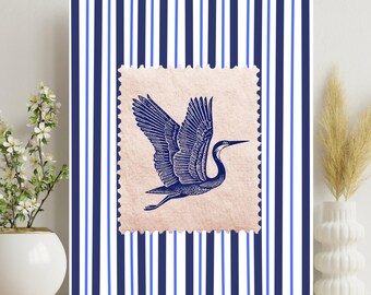 Vintage stempelprint, kunst aan de muur reigervogel, gestreept blauw en wit, kunst aan de muur badkamer, kraanvogelprint, badkamerinrichting #C91W24