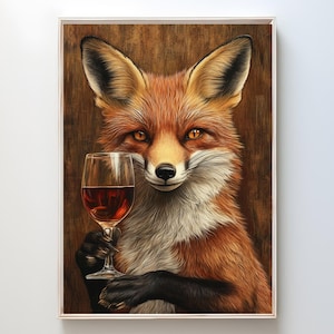 レッドフォックスの壁アート、キツネ愛好家へのギフト、ワインを飲む、アルコールバーカートの装飾、新築祝いのミニマリスト、即時ダウンロード、森の動物 #H133