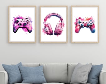 Gaming Prints, Poster, Gaming Wall Art Set of 3, Gaming Room Decor, Gamer Gift, Games Art, Girls Bedroom, Video Game Print Pink Theme #G17