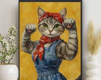 Bathroom Wall Art Décor Rosie the Riveter Tabby Cat Parody,  Vintage Kitty Poster Print Toilet Humor Funny #XH518