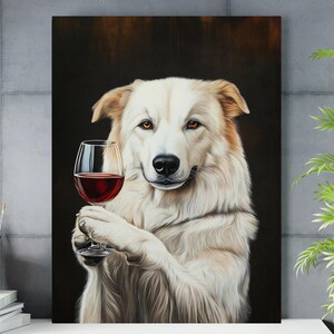 グレートピレニーズキッチンウォールアート、ワインを飲む犬のプリント、アルコールバーカートの装飾、新築祝いのギフト、ミニマリストデザイン、ユニークで風変わりな#AL55