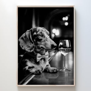 ダックスフント犬のアルコールウォールアート、バーに座っているダックスフントのポスター、ワイン愛好家、犬のギフト、アルコールプリント、ウィニー犬用バーカート装飾 #AL1