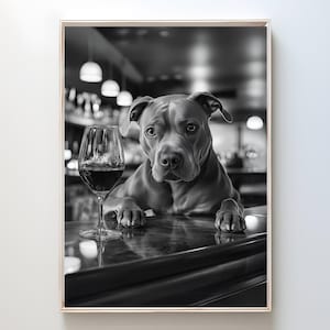 ピットブル テリア 犬 アルコール ウォール アート、バーに座るピットブルのポスター、犬好きへのギフト、ワイン アルコール プリント、おもしろいポスター、バー カート デコレーション #AL83