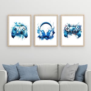 Gaming Prints, Gaming Poster, Gaming Wall Art Set of 3, Gaming Room Decor, Gamer Gift, Games, Boys Bedroom, Video Game Print Blue Theme #G34