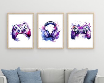 Gaming Prints,Poster, Gaming Wall Art Set of 3, Gaming Room Decor Gamer Gift, Games Art Girls Bedroom, Video Game Print Purple Theme #G18