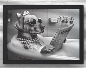 Yellow Lab in Tub Print: Prissy Dog Reading Newspaper, Bathroom Wall art, Bathroom Print (Digital Download) Labrador Retriever #BR120