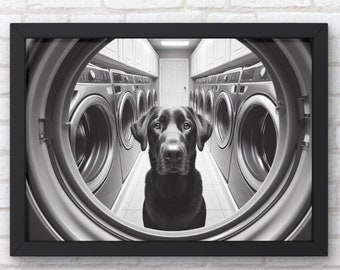 Arte de pared para lavadero con perro labrador negro / Labrador retriever en secadora / Impresión para baño infantil / Lavadero, regalo para amantes de los perros, inauguración de la casa #H104